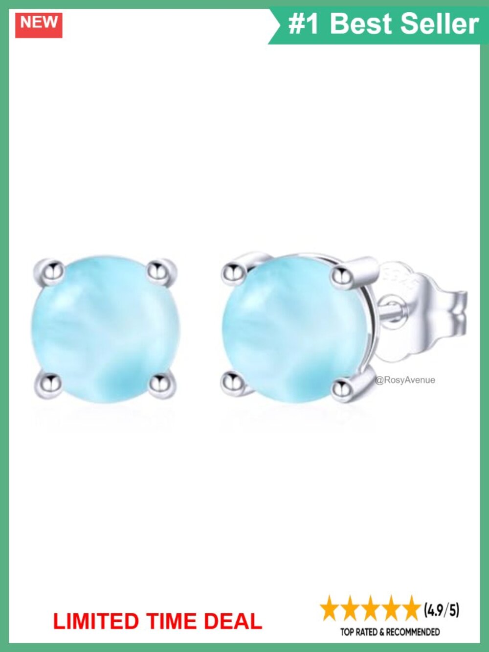 925 Sterling Silver Larimar Stud Earrings Women Dainty Gemstone Gift Box
